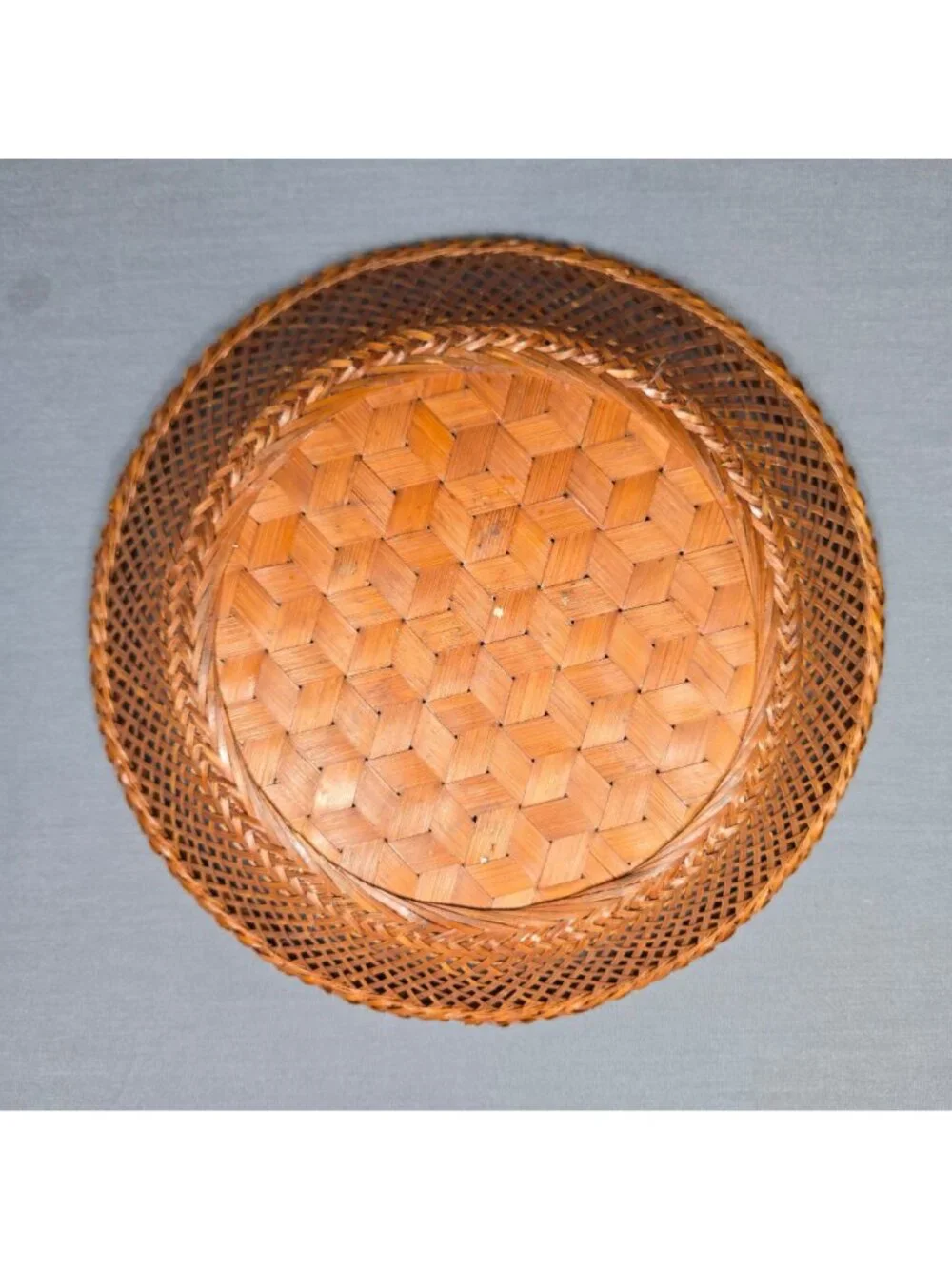Vintage Woven Bamboo Basket Floral Butterfly Painted Round 11 Inch Wall Decor